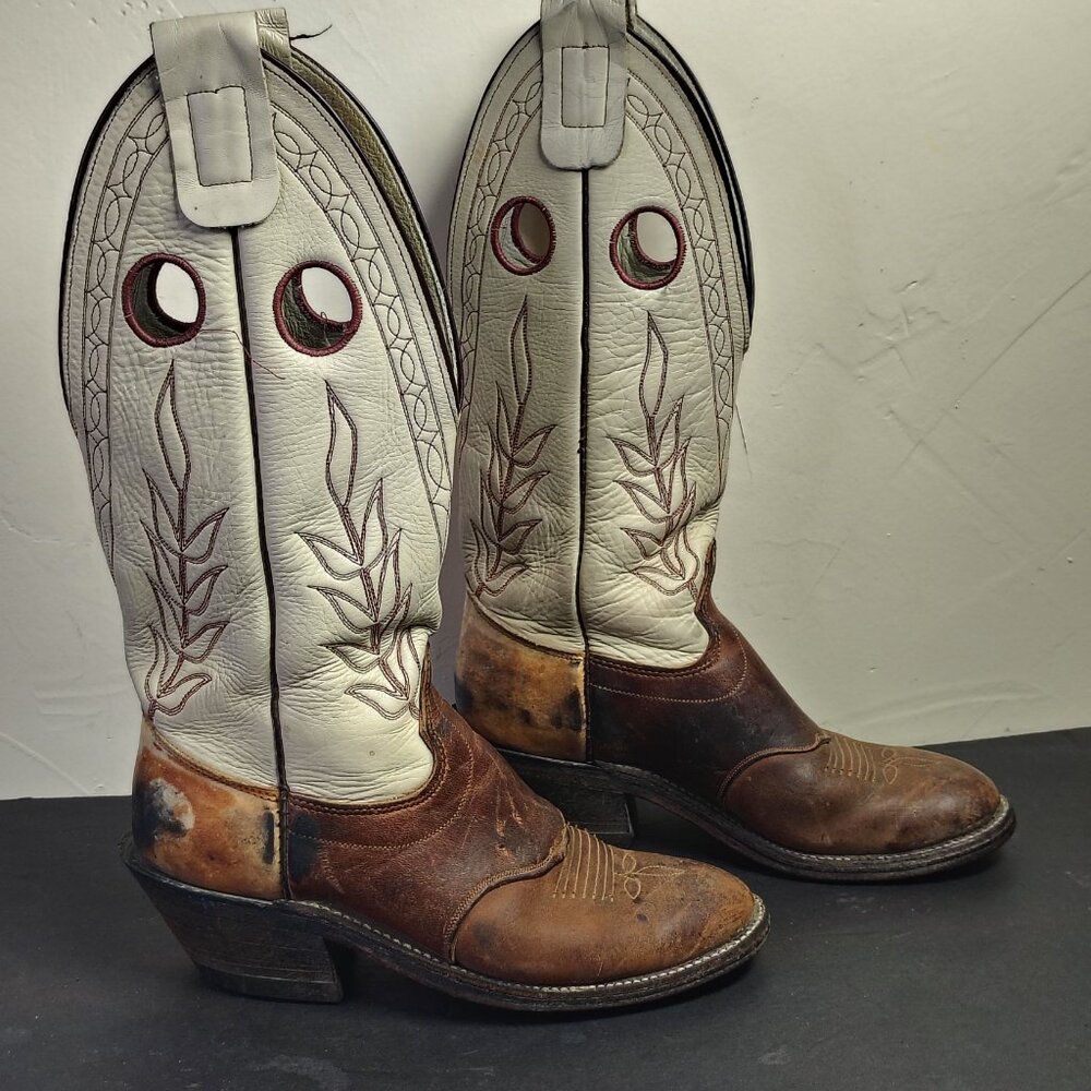Olathe Boots Mens Size 6.5 D Cream‎ Buckaroo Cowboy Leather USA VINTAGE 7348